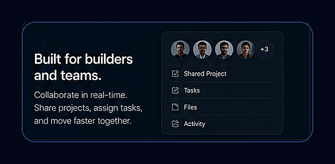 Built for builders and teams: shared projects, tasks, files, and activity